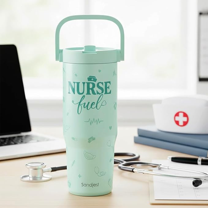 SANDJEST Nurse Fuel Stainless Steel Straw Lid Tumbler 30oz with Carry Handle for Women Girls, Insulated Travel Coffee Cup, Gift for Sports Outdoor Christmas Birthday Nurses Week Nursing School - Bloomnest