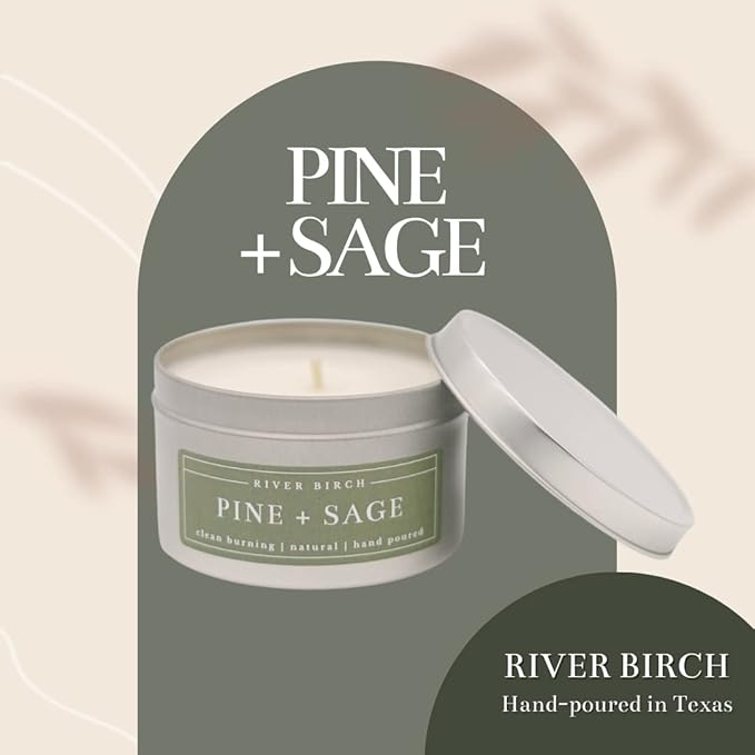 River Birch Candles Pine + Sage Scented Candle | Premium, All-Natural, Non-Toxic, Soy Candles | 8 oz. Silver Tin Travel Candle | Cozy Relaxing Gifts for Home - Bloomnest