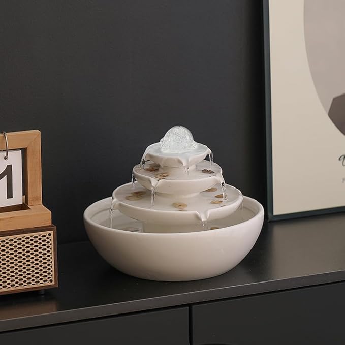 Indoor Tabletop Ceramic Fountain Water Feature Home Kitchen Office Decoration Modern Design Style (White) - Bloomnest