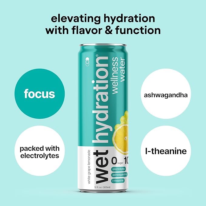 Wet Hydration, Zero Calorie, Functional Wellness Water - 4 Flavors Variety Pack (12 Ounce Cans, Pack of 12) - Flavored Water, Hydration Drink, No Sugar, No Artificial Ingredients, Zero Calories (Packaging May Vary) - Bloomnest