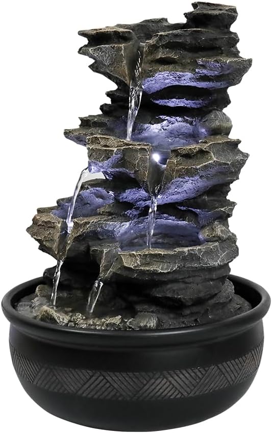 15.7” High Rock Falls Tabletop Water Fountain with LED Lights - Indoor 5-Tier Cascading Fountain for Home and Office Decor (Gray_3, 15.7" high) - Bloomnest
