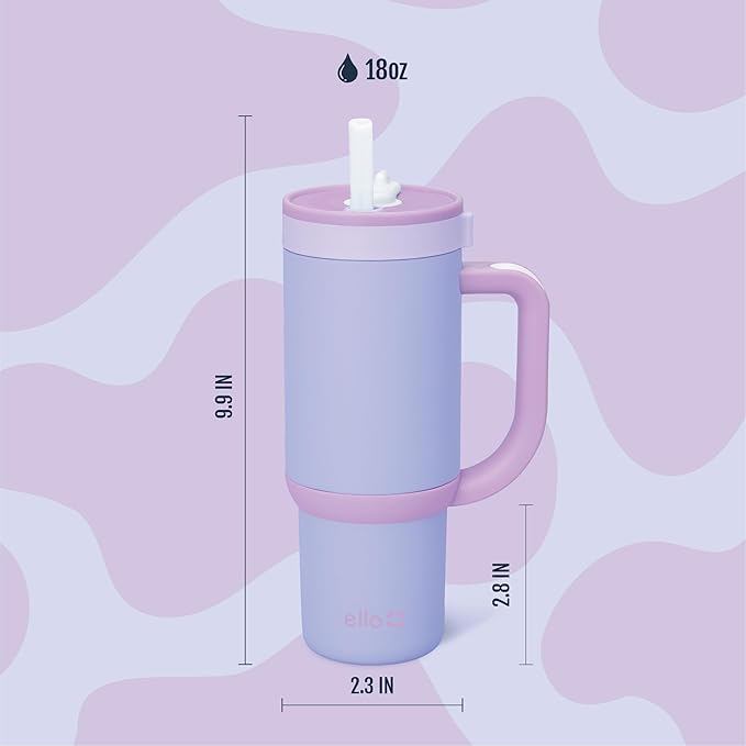 Ello Oasis 18oz Kids Tumbler with Handle & Retracting Straw, 100% Leakproof Reusable Insulated Stainless Steel Cup, Keeps cold for 18 Hours, Cup Holder Friendly, Lavendar Fields - Bloomnest