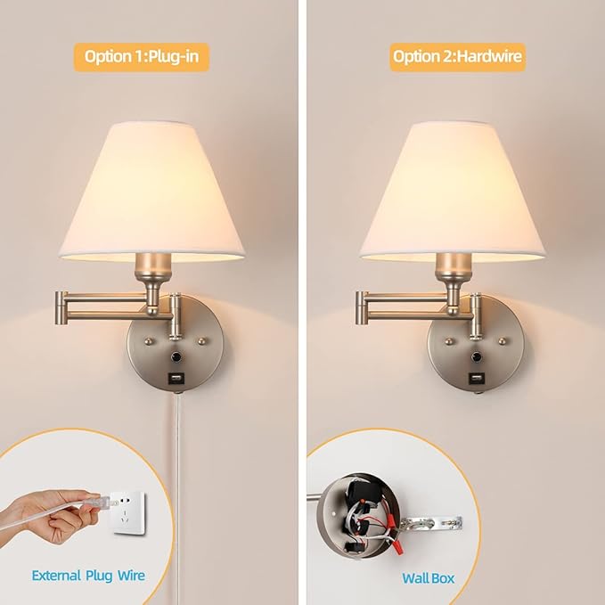 Swing Arm Wall Sconces, Plug-in Wall lamp,Bedroom Wall lamp ， White Fabric Shade，，with dimmable Switch and USB Charging Port, Suitable for Bedside, Living Room, Reading (Nickel) - Bloomnest