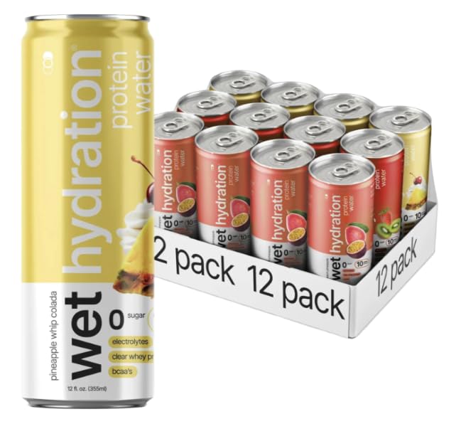 Wet Hydration Protein Water Variety Pack | Functional Electrolyte Drink with Clear Whey Protein & BCAAs - Passion Guava, Pineapple Whip, Kiwi Strawberry (12 fl. oz. Cans, Pack of 12) | Zero Sugar, 10g Protein, Low Calorie, Magnesium, L-Theanine, Functi... - Bloomnest