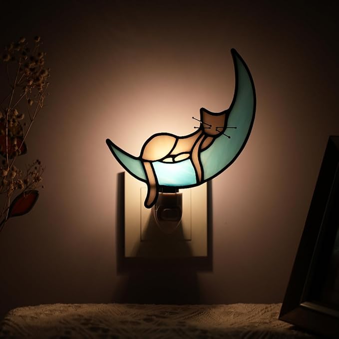 BOXCASA Cat on Moon Decor Stained Glass Night Lights Plug Into Wall Decorative,Night Light Plug in Decor for Children's Room Kitchen Toilet Bathroom,Cats Themed Gifts for Women Cat Lover - Bloomnest