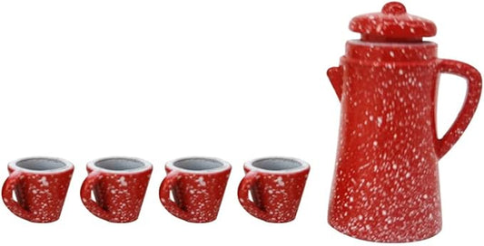 LOGOFUN 5pcs Dollhouse Miniature Tea Cup Set Tiny Tea Party Set Simulation Teapot Set (Red)