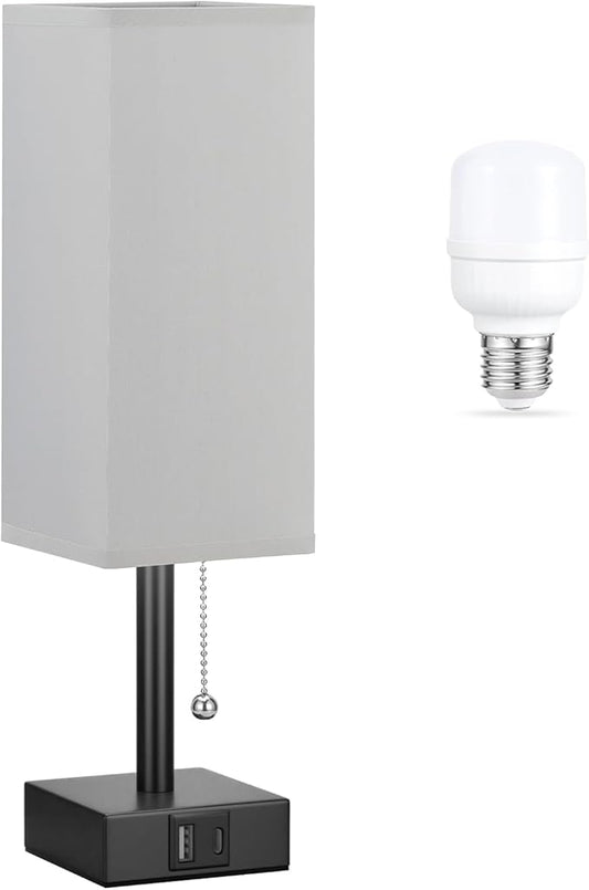Gray Small Bedroom Lamp - 3 Color Temperature 3000K 5000K 4000K Bedside Lamp, Pull Chain Control, USB A and C Charging Ports, Black Base, for Kids Office Dorm, Bulb Included - Bloomnest