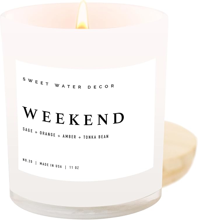 Sweet Water Decor Weekend Candle - Soy Citrus, Grapefruit, Sage, Amber, and Oakmoss Scented Spring Candles for Home - 11oz White Jar with Wood Lid, 50+ Hour Burn Time, Made in The USA - Bloomnest