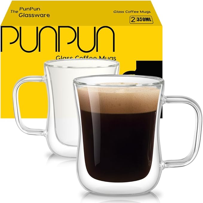PunPun Coffee 12oz.350ml Glass Mugs Espresso Cups Coffee Glass Cups Champagne Glass Clear Drinking Cups, Tea Cups Wine Glass, Microwave Safe Borosilicate Glass Cup (12 OZ./Set of 2) - Bloomnest