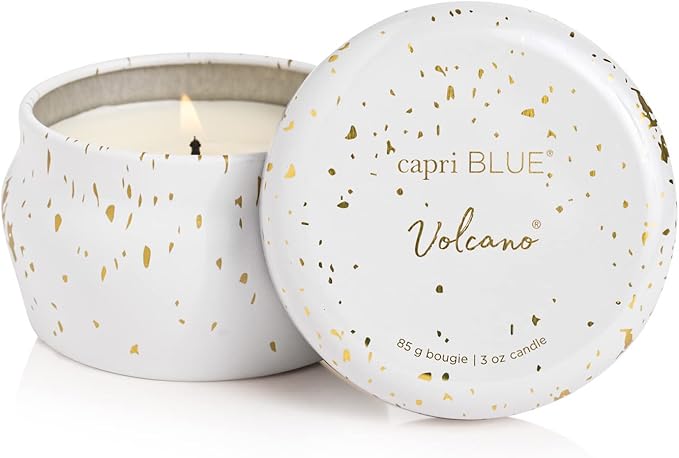 Capri Blue Glimmer Mini Tin - Volcano Scented Candle with Mini Tin Candle Holder - Soy Wax Blend - White and Gold (3 oz) - Bloomnest