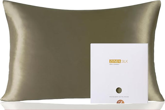 ZIMASILK 100% Pure Mulberry Silk Pillowcase for Hair and Skin Health,Soft and Smooth,Both Sides Premium Grade 6A Silk,600 Thread Count,with Hidden Zipper,1pc(Standard 20''x26'',Olive Grey) - Bloomnest