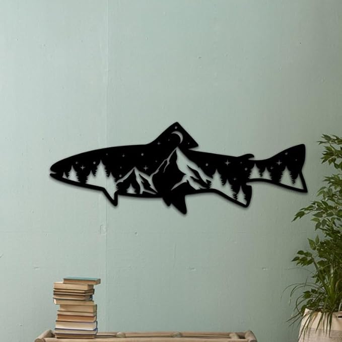 Personalized Neon Sign, Trout Fish Mountain Metal Wall Art Led Light, Fishing Gifts for Men, Gift for Dad, Fish and Trees Sign, Cabin Lodge Decor, Fisherman Gift - Bloomnest