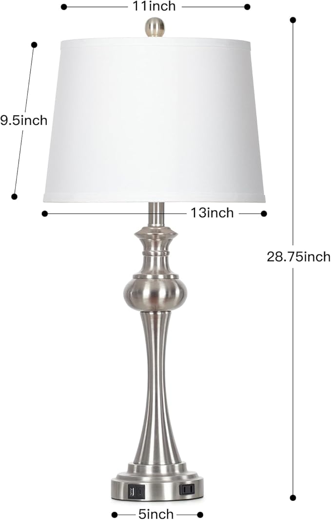 28.75" Silver Table Lamps for Living Room,Touch Lamps for Bedrooms Set of 2 - Nightstand Table Lamp with USB C+A, 3 Way Dimmable Bedside Lamps End Tables Brushed Nickel - Bloomnest