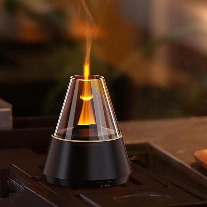 Ultrasonic Aroma Diffuser with Simulated Flame, 150ml, Timer and Auto-Off, LED Ambient Light (Black) - Bloomnest