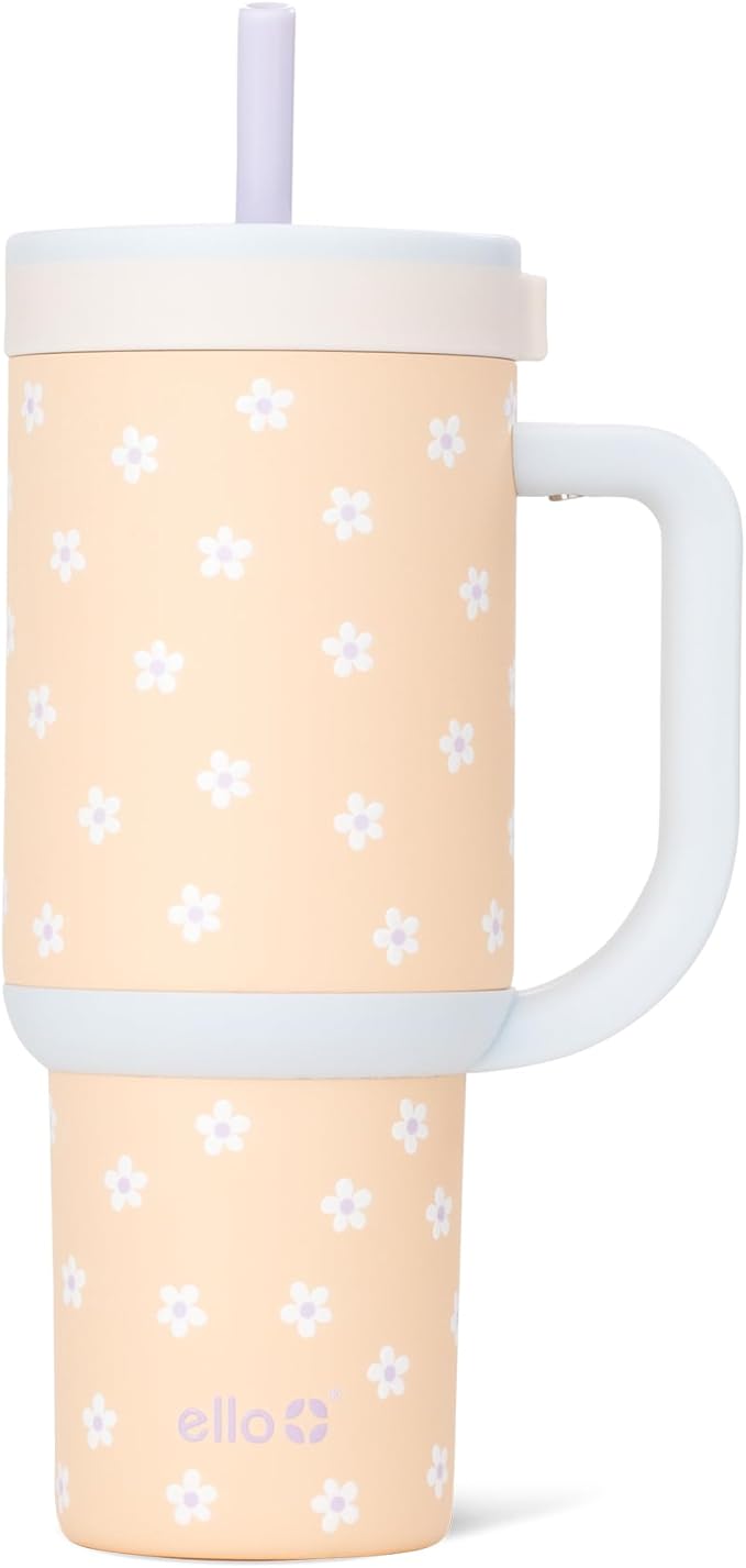 Ello Oasis 24oz Tumbler with Handle & Retracting Straw | Reusable Insulated Stainless Steel Cup 100% Leakproof, Gifts for Teens Women Men | Keeps cold for 24 Hours, Cup Holder Friendly, Orange Daisies - Bloomnest