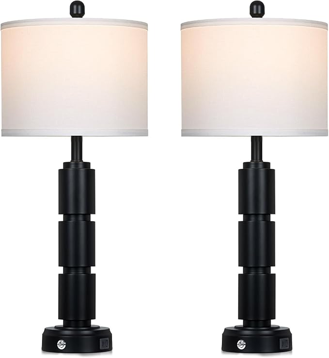Set of 2 Modern Table Lamps for Living Room Bedroom,29" Tall Bedside Lamp with 2 USB Port,Black Metal Touch Nightstand Lamp for Desk End Side Table Entryway,Black - Bloomnest