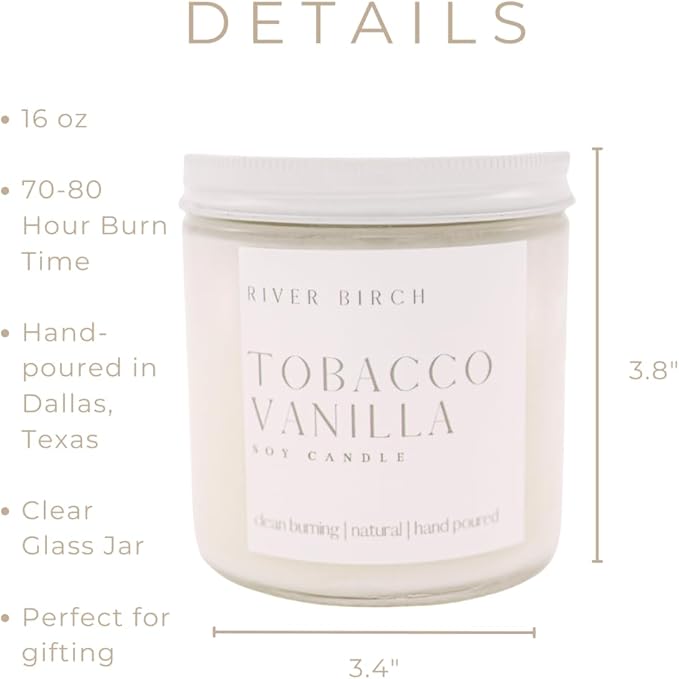 River Birch Candles Tobacco Vanilla Scented Candle | Premium, All-Natural, Non-Toxic, Soy Candles | 16oz 90 Hr Burn Time | Cozy Relaxing Gifts for Home - Bloomnest