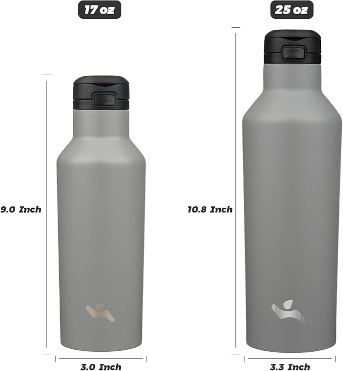Insulated Water Bottle with Straw,17 OZ Double Wall Vacuum Stainless Steel Water Flask with 2 Lids,Grey - Bloomnest