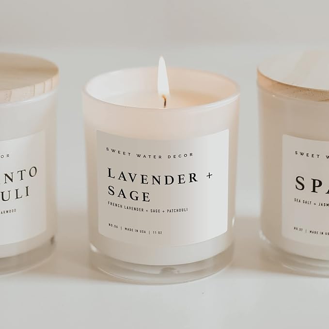 Sweet Water Decor Lavender and Sage Candle - Soy Candle for Home - Lavender, Sage, Patchouli Spa - 11oz White Jar with Wood Lid, 50+ Hour Burn Time, Made in The USA - Bloomnest