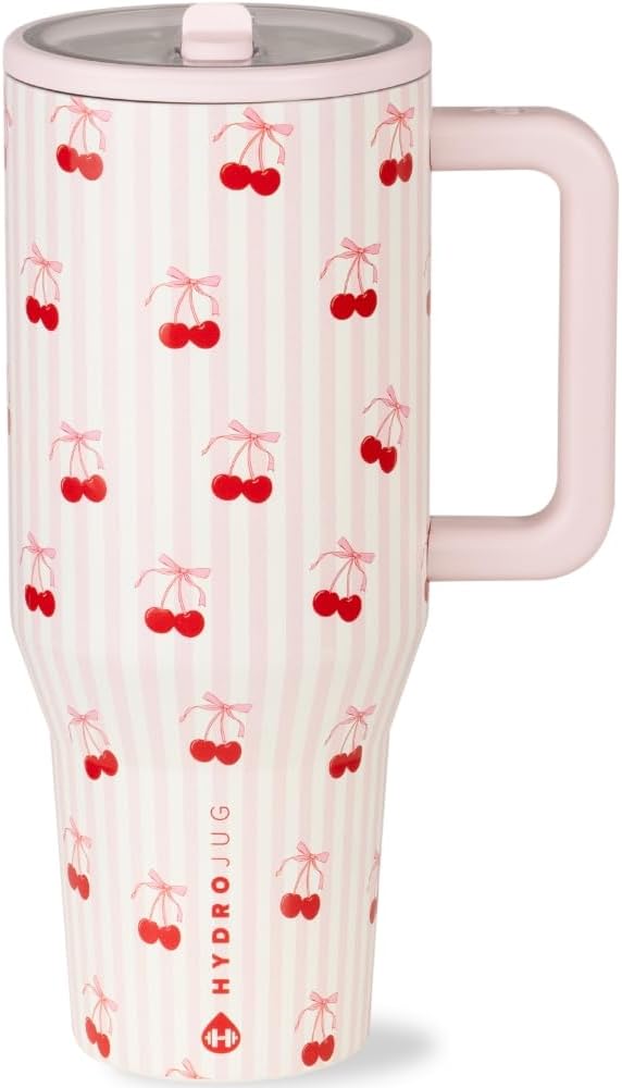 HydroJug Traveler - 32 oz Water Bottle with Handle & Flip Straw - Fits in Cup Holder, Leak Resistant Tumbler-Reusable Insulated Stainless Steel & Rubber Base - Gifts for Women & Men, Sweet Cherry - Bloomnest