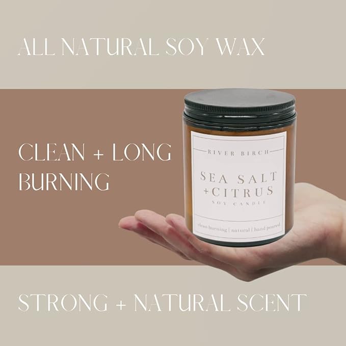 River Birch Candles Sea Salt & Citrus Scented Candle | Premium, All-Natural, Non-Toxic, Soy Amber Jar Candles | 8.5oz 40 Hr Burn Time | Cozy Relaxing Gifts for Home - Bloomnest