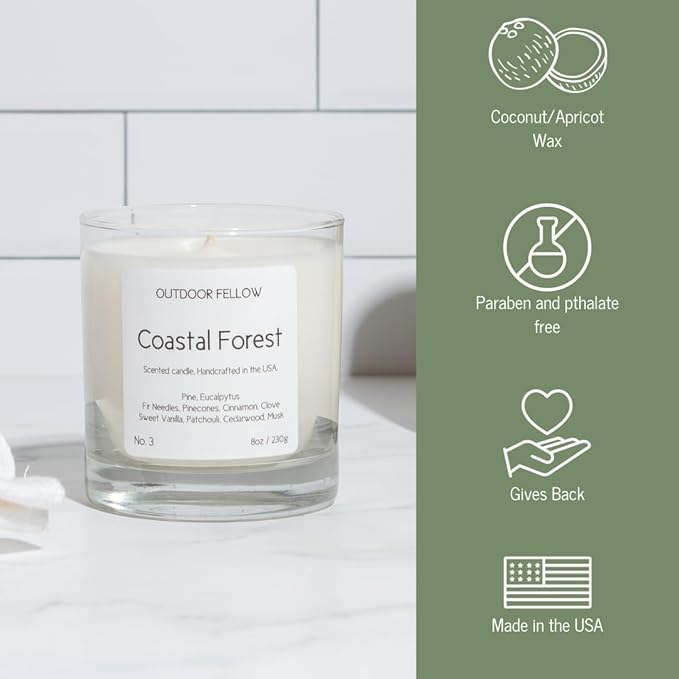 Outdoor Fellow Coastal Forest Scented Candle, 8oz, Coconut & Apricot Wax Blend, Pine, Eucalyptus, Cedarwood, Reusable Glass, 40-50 Hour Burn Time - Bloomnest
