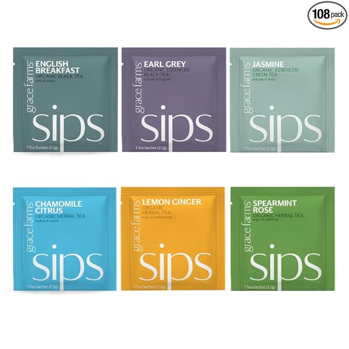 Grace Farms Tea Variety 108 Count Envelopes | Black, Green, and Herbal Individually Wrapped Tea Bags (6 flavors × 18 each) | Fair Trade, USDA Organic, Kosher Tea Variety Pack - Bloomnest