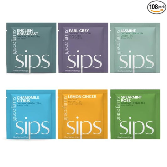 Grace Farms Tea Variety 108 Count Envelopes | Black, Green, and Herbal Individually Wrapped Tea Bags (6 flavors × 18 each) | Fair Trade, USDA Organic, Kosher Tea Variety Pack - Bloomnest