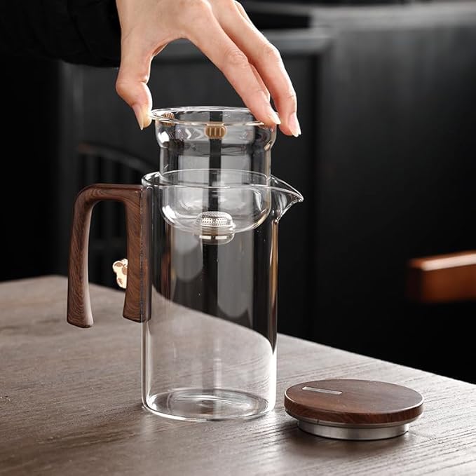Enchantipot Magic TeaPot, 900ML Water Separation Glass Tea Pot with Wooden Handle, Press Control Magic Tea Infuser, For Loose Tea Kettle Witchcraft Teapot
