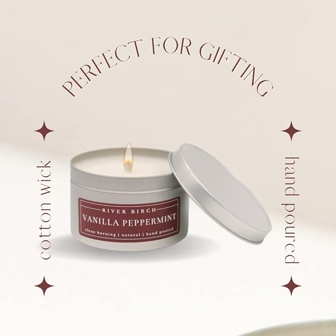River Birch Candles Vanilla Peppermint Scented Candle | Premium, All-Natural, Non-Toxic, Soy Candles | 8 oz. Silver Tin Travel Candle | Cozy Relaxing Gifts for Home - Bloomnest