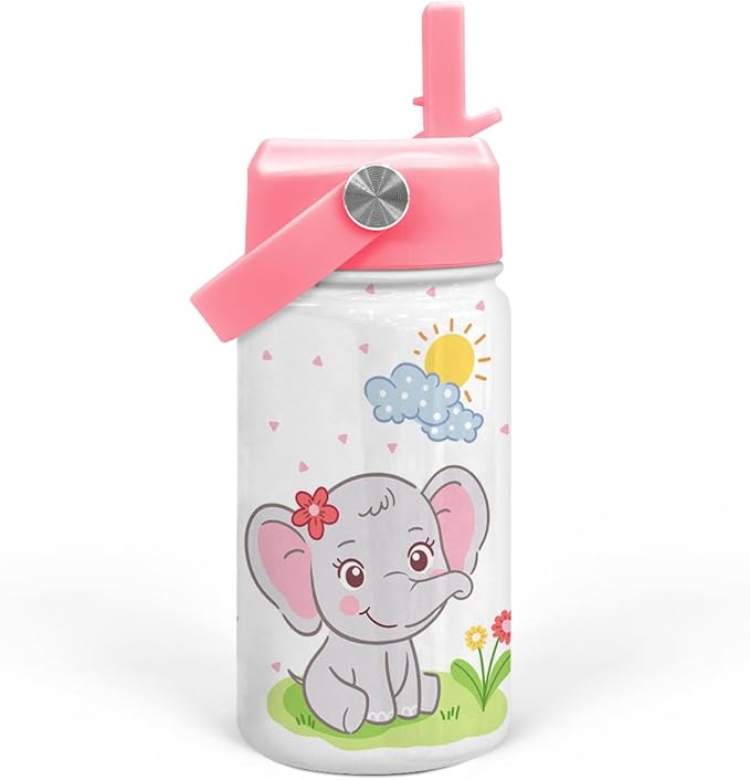 Elephant Water Bottle - Kids Water Bottle with Straw Lid - 12 Oz Insulated Stainless Steel Water Bottles for Kid Girl - Travel Cup for School Sports - Bloomnest