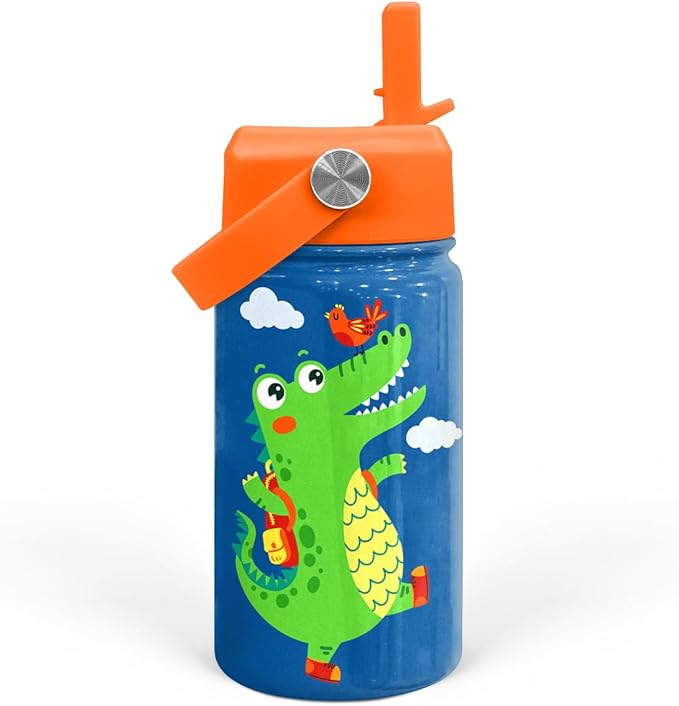SANDJEST Crocodile Water Bottle - Kids Water Bottle with Straw Lid - 12 Oz Insulated Stainless Steel Water Bottles for Kid Boys - Travel Cup for School Sports - Bloomnest