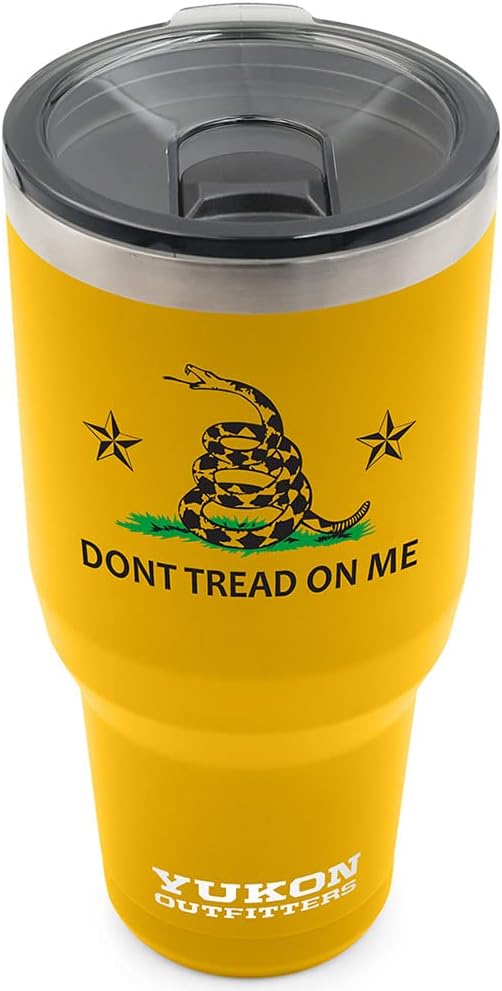 Yukon Outfitters Freedom High Grade 18/8 Stainless Steel Double Wall Vacuum Insulated Tumbler (40oz / 1183ml) - 8.8" H x 4.2" Top Dia. / 3" Bottom Dia., Gold with 'Don't Tread on Me' printed logo - Bloomnest