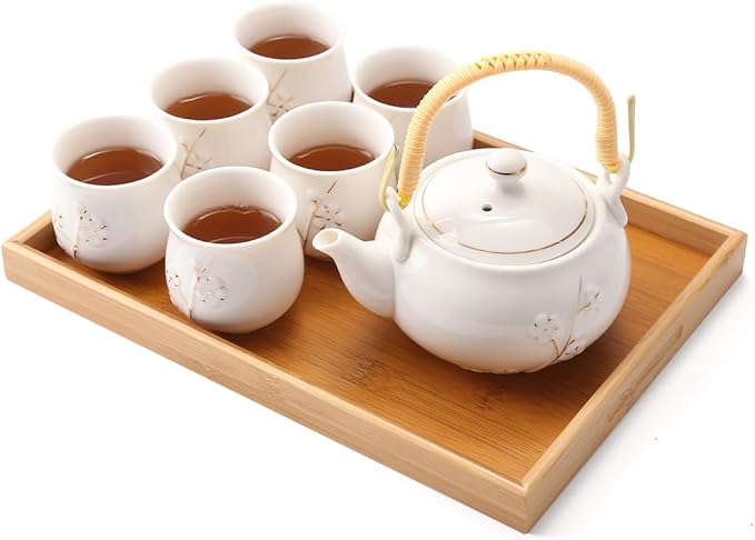 Dujust Japanese Tea Set, White Porcelain Tea Set with 1 Teapot Set, 6 Tea Cups, 1 Tea Tray, 1 Stainless Infuser, Cute Asian Tea Sets for Adults/Tea Lover/Women/Men (Plum in Golden) - Bloomnest