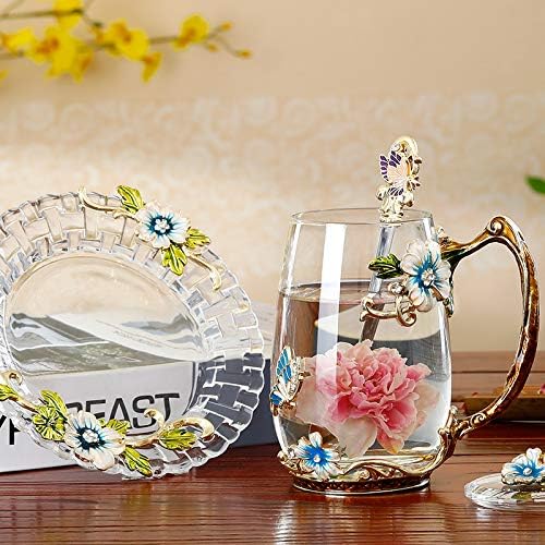 Luka Tech Enamel Butterfly flower Glass Mug with Spoon, Gifts For Women Wife Mom Friends Birthday Mothers Valentines Day Christmas (Blue-Tal) - Bloomnest