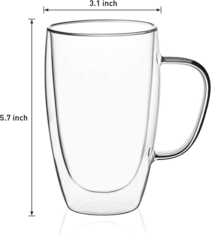 Espresso Cups Set Of 2 15 Oz, Double Walled Glass Coffee Mugs with Handle,Insulated Layer Coffee Cups,Clear Borosilicate Glass Mugs,Perfect for Cappuccino,Tea,Latte,Espresso,Hot Beverage,Wine - Bloomnest