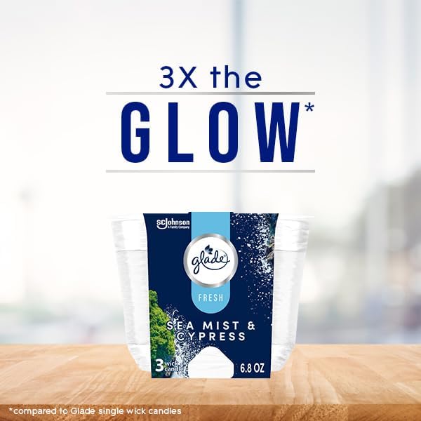 Glade 3-Wick Scented Candle Jar, Sea Mist & Cypress, Air Freshener Infused with Essential Oils, 6.8 Oz, 3 Count - Bloomnest