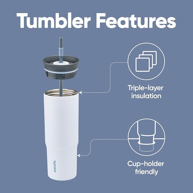 Owala Stainless Steel Triple Layer Insulated Travel Tumbler with Spill Resistant Lid and Straw, BPA Free, 24 oz, Grey/Blue (The Great Blue) - Bloomnest
