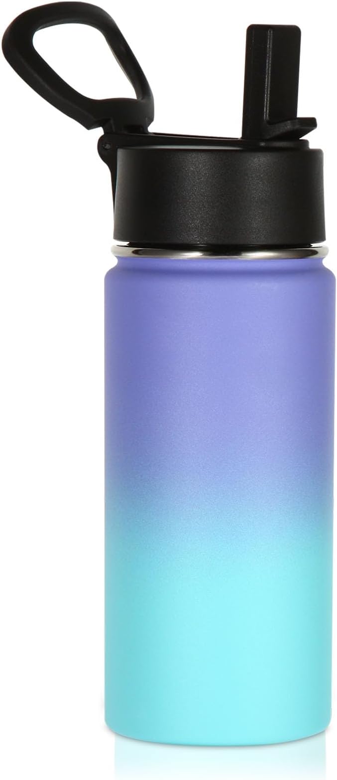 Volhoply Kids Insulated Water Bottle with Straw,16oz Stainless Steel Cold Water Bottles for School,BPA-Free Metal Wide Mouth Cups with Handle,Reusable Double Wall Vacuum Sport Flask(Purple Blue,1) - Bloomnest