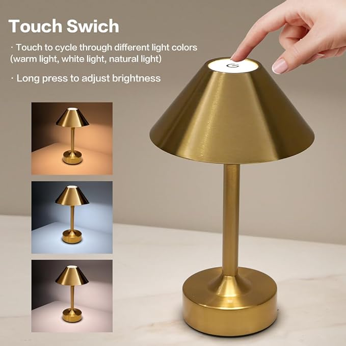 Cordless Table Lamp - Rechargeable Night Light with 2000mAh Battery, Touch Control, Dimmable White/Warm/Neutral Light, Adjustable Height, USB Charging, Ambient LED Bedside Lamp (Gold) - Bloomnest