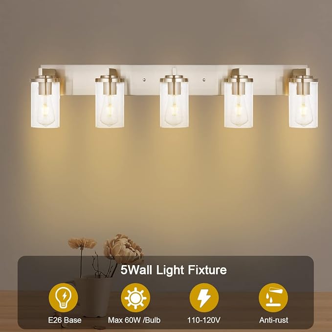 BONLICHT Brushed Nickel Bathroom Light Fixtures 5 Light Modern Vanity Lights Industrial Glass Wall Sconce Farmhouse Bath Lighting Over Mirror Wall Mount for Kitchen Living Room Hallway Workshop - Bloomnest
