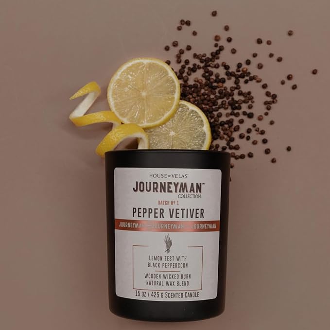 Journeyman Collection Candle, 15oz, Wooden Wick, Pepper Vetiver, Large Painted Jar - Bloomnest