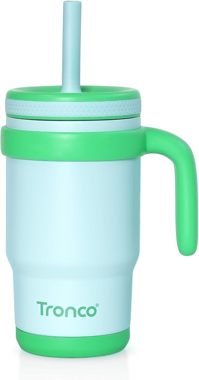Tronco 14 oz Kids Insulated Tumbler with Handle & Spill Resistant Flexible Straw, BPA-Free Stainless Steel Toddler Cups with Lids, Splash-Proof Kid Drinking Cup Travel Mugs, Easy to Clean - Bloomnest