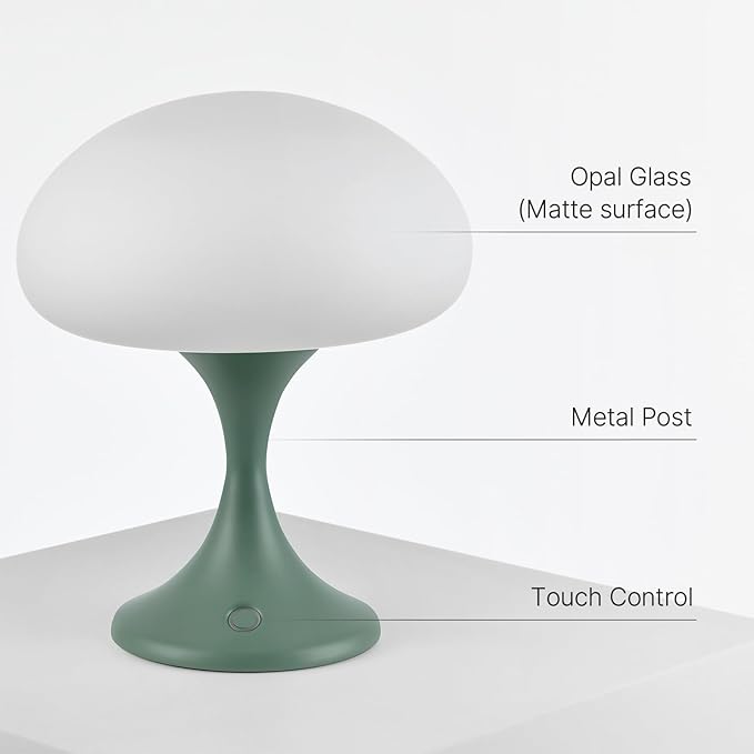 Mushroom Lamp, 5W LED Cordless Rechargeable Table Lamp with Glass Shade, Small Retro Dimmable Touch Light with 3 Color Temps, Aesthetic Mid Century Bedside Light for Bedroom Ambient, Green - Bloomnest