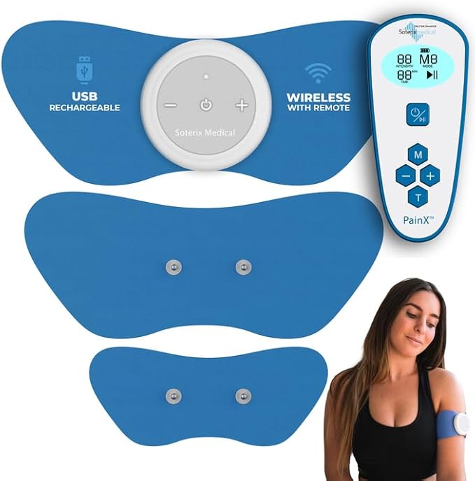 Soterix Medical PainX TENS Wireless Tens Unit Muscle Stimulator - FSA Tens Unit for Back Pain, Knee, and Neck, USB Rechargeable, 4 Electrode Pads, Designed in USA, US Customer Support SoterixMedical