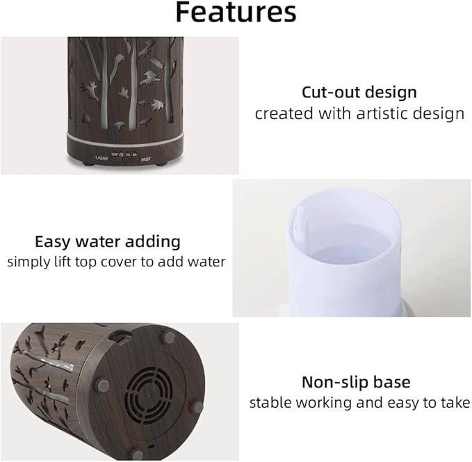 Essential Oil Diffuser,7.1''x3.5'' Air Diffusers with 3 Aromatherapy Oils Set,Small 200ml Humidifier with 7 LED Colors Lights,Waterless Auto-Off for Desk Office Home Decor Gift(Tree Dark Wood Grain) - Bloomnest