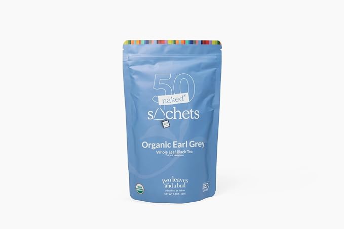 Two Leaves and a Bud Organic Earl Grey - 50 Naked Tea Sachets - Whole Leaf Black Tea in Eco-Friendly Unwrapped Compostable Sachets, Resealable Bag, 50 Count (Pack of 1) - Bloomnest