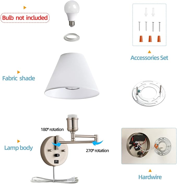 Swing Arm Wall Sconces, Plug-in Wall lamp,Bedroom Wall lamp ， White Fabric Shade，，with dimmable Switch and USB Charging Port, Suitable for Bedside, Living Room, Reading (Nickel) - Bloomnest