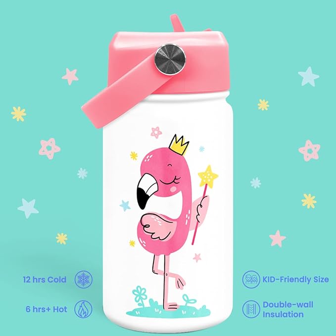 Flamingo Water Bottle - Kids Water Bottle with Straw Lid - 12 Oz Insulated Stainless Steel Water Bottles for Kid Girls - Travel Cup for School Sports - Bloomnest