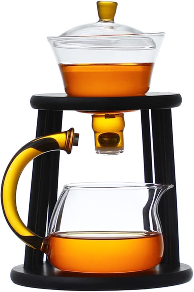 Mozeo Glass Semi-automatic Tea Set Wooden Glass Tea Set Water Diversion Rotating Cover Bowl Lazy Tea Maker Teapot Kungfu Fu teacup (Wooden Yellow Handle Teapot set)
